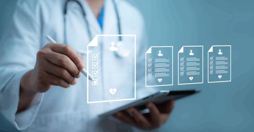 A healthcare professional reviewing digital forms on a tablet, representing streamlined compliance workflows.