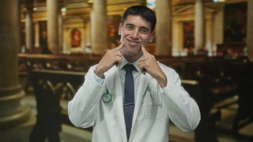 Healthcare professional demonstrating a positive facial expression to illustrate communication techniques used in dementia caregiver training