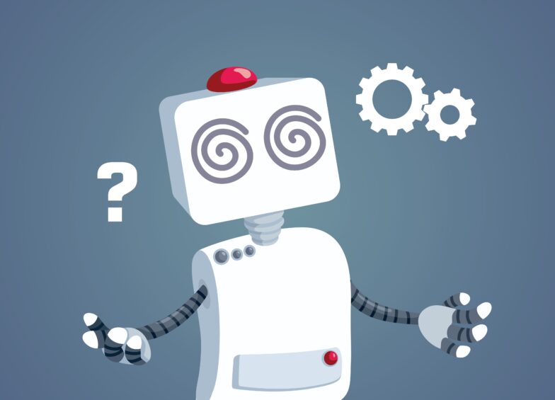 Confused robot with spiraled eyes and a question mark, representing inaccurate or unreliable AI responses.